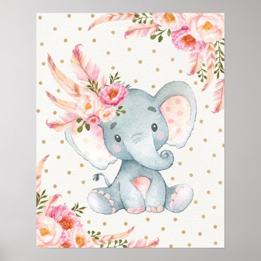 Pink Floral Elephant Nursery Art Boho Floral Decor Poster (Voorkant)