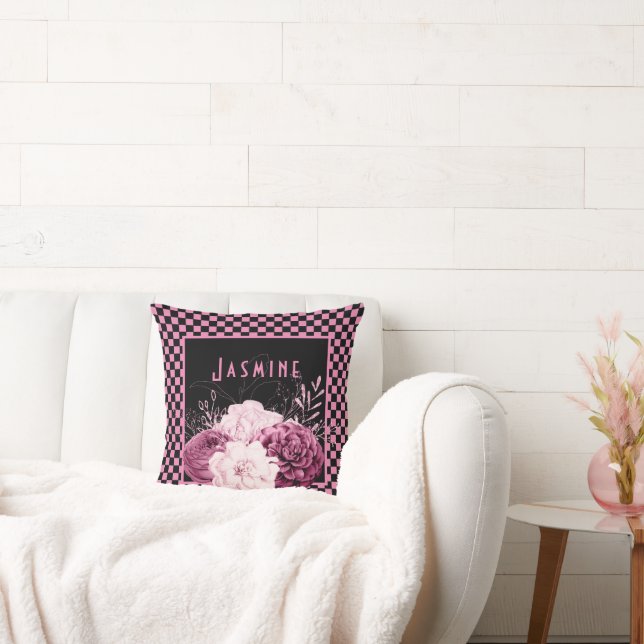 Pink Floral en Checkerboard op maat Kussen (Bank)