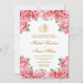 Pink Floral en Leaves Islamitische Moslim Bruiloft Kaart (Voorkant)
