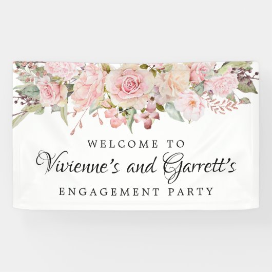 Pink Floral Engagement Party Welkomstbanner Spandoek (Horizontaal)