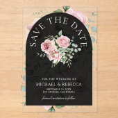 Pink Floral Eucalyptus Black Wedding Save the Date Acryl Uitnodigingen (Voorkant)