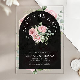 Pink Floral Eucalyptus Black Wedding Save the Date Acryl Uitnodigingen