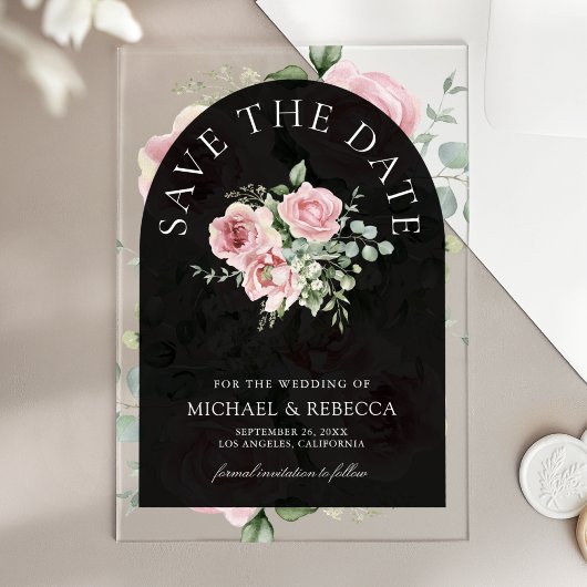 Pink Floral Eucalyptus Black Wedding Save the Date Acryl Uitnodigingen