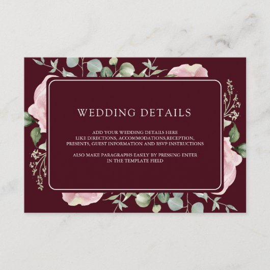 Pink Floral Eucalyptus Burgundy Wedding Details Informatiekaartje (Voorkant)