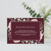 Pink Floral Eucalyptus Burgundy Wedding Details Informatiekaartje (Staand voorkant)