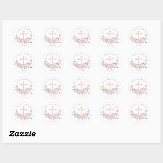 Pink Floral Eucalyptus Cross Baptism Ronde Sticker (Vel)