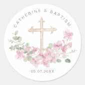 Pink Floral Eucalyptus Cross Baptism Ronde Sticker (Voorkant)