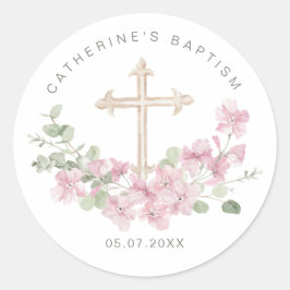 Pink Floral Eucalyptus Cross Baptism Ronde Sticker