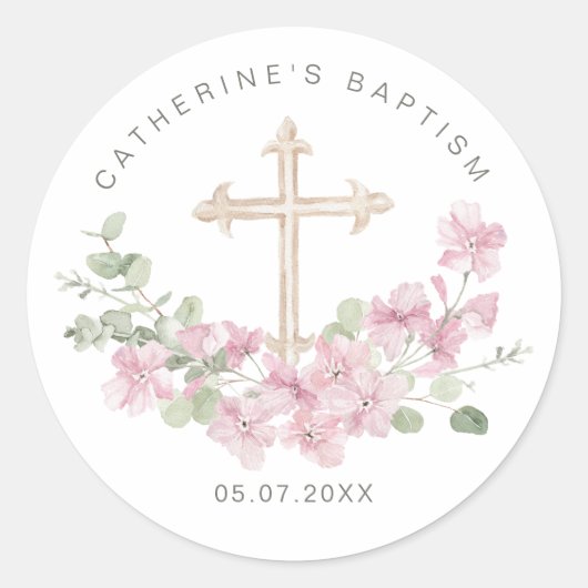 Pink Floral Eucalyptus Cross Baptism Ronde Sticker (Voorkant)