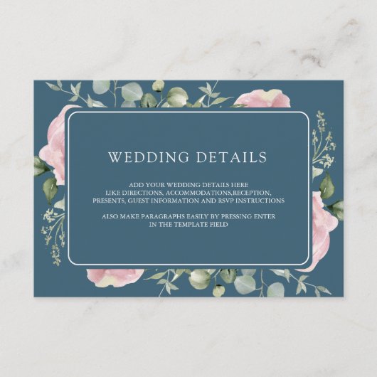 Pink Floral Eucalyptus Dusty Blue Wedding Details Informatiekaartje (Voorkant)