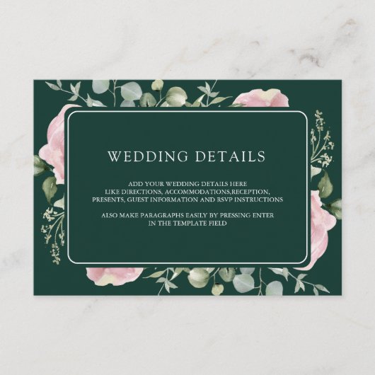 Pink Floral Eucalyptus Emerald Wedding Details Informatiekaartje (Voorkant)