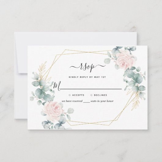 Pink Floral Eucalyptus Geometric Rustic Wedding RSVP Kaartje (Voorkant)