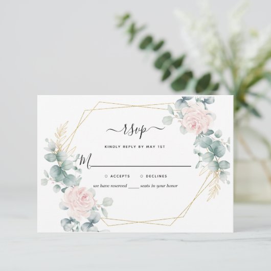 Pink Floral Eucalyptus Geometric Rustic Wedding RSVP Kaartje (Staand voorkant)