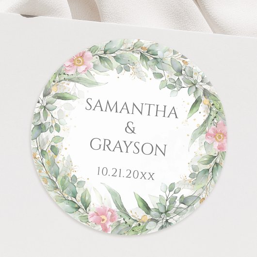 Pink Floral Eucalyptus Greenery Gold Elegant Ronde Sticker