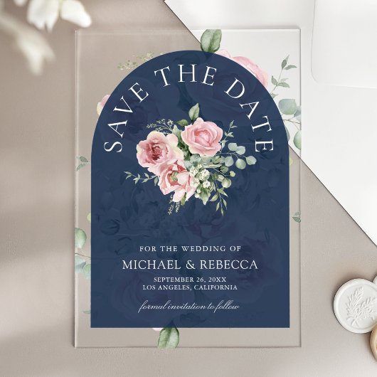 Pink Floral Eucalyptus Navy Wedding Save the Date Acryl Uitnodigingen