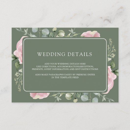 Pink Floral Eucalyptus Sage Green Wedding Details Informatiekaartje (Voorkant)