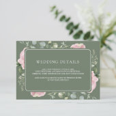 Pink Floral Eucalyptus Sage Green Wedding Details Informatiekaartje (Staand voorkant)
