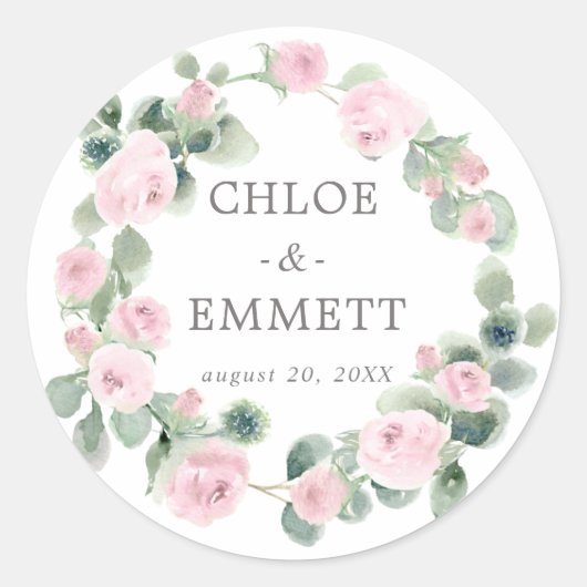 Pink Floral Eucalyptus Wedding Envelope Seals Ronde Sticker (Voorkant)