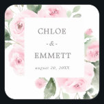 Pink Floral Eucalyptus Wedding Envelope Seals Vierkante Sticker<br><div class="desc">Elegant blauw roos floral and sage green eucalyptus greenery square floral lijst omringt de bruid- en bruinnamen en hun trouwdatum.</div>