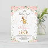 Pink Floral Fairy and Fairy Dust First Birthday Kaart (Staand voorkant)