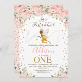 Pink Floral Fairy and Fairy Dust First Birthday Kaart (Voorkant / Achterkant)