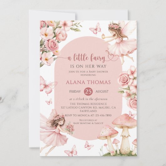 Pink Floral Fairy Baby Shower Invitation Kaart (Voorkant)