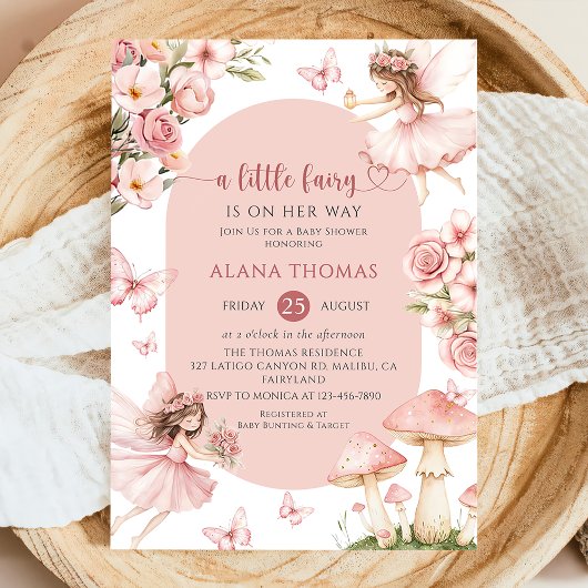 Pink Floral Fairy Baby Shower Invitation Kaart