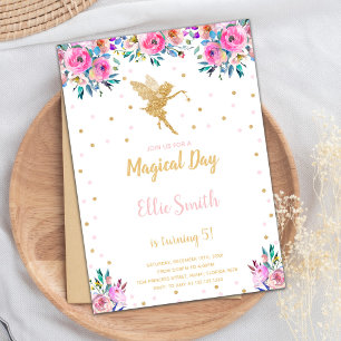 Pink Floral Fairy Birthday Invitations Kaart