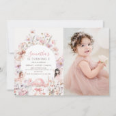Pink Floral Fairy Birthday Photo Invitation Kaart (Voorkant)