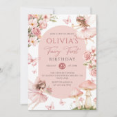 Pink Floral Fairy First Birthday Invitation Kaart (Voorkant)