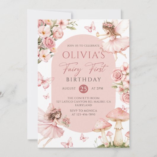 Pink Floral Fairy First Birthday Invitation Kaart (Voorkant)