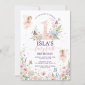 Pink Floral Fairy First Birthday Invitation Kaart (Voorkant)