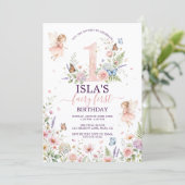 Pink Floral Fairy First Birthday Invitation Kaart (Staand voorkant)
