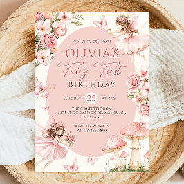 Pink Floral Fairy First Birthday Invitation Kaart