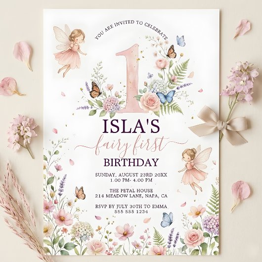 Pink Floral Fairy First Birthday Invitation Kaart