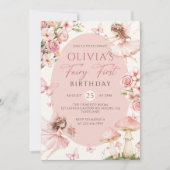 Pink Floral Fairy First Birthday Invitation Kaart (Voorkant)