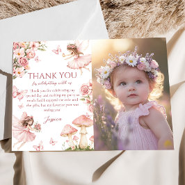 Pink Floral Fairy First Birthday Photo Bedankkaart