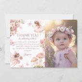 Pink Floral Fairy First Birthday Photo Bedankkaart (Voorkant)