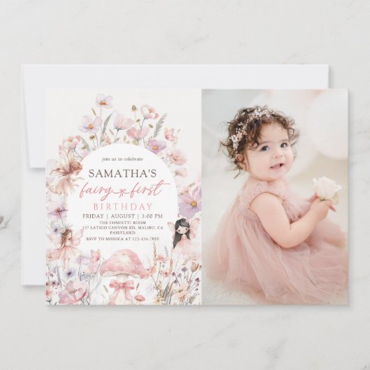 Pink Floral Fairy First Birthday Photo Invitation Kaart (Voorkant)