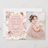 Pink Floral Fairy First Birthday Photo Invitation Kaart (Voorkant)