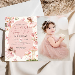 Pink Floral Fairy First Birthday Photo Invitation Kaart