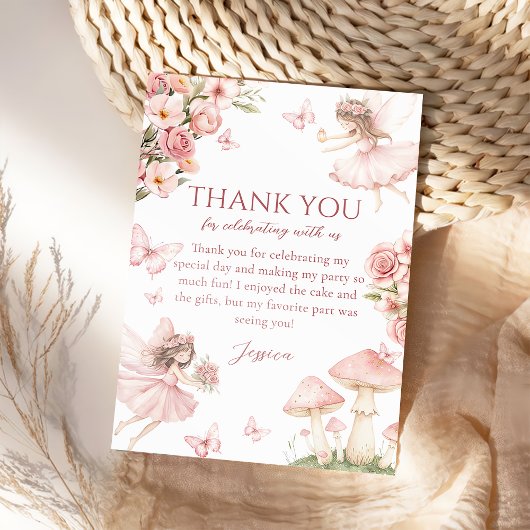 Pink Floral Fairy First Birthday Thank you card Bedankkaart