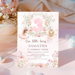 Pink Floral Fairy Garden 3rd Birthday Invitation Kaart