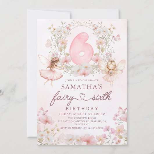 Pink Floral Fairy Garden 6th Birthday Invitation Kaart (Voorkant)