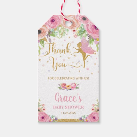 Pink Floral Fairy Verjaardag Baby shower Dank u Cadeaulabel (Voorkant)