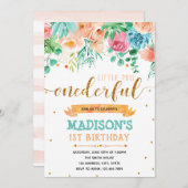 Pink Floral First Birthday uitnodiging (Voorkant / Achterkant)