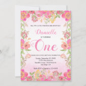 Pink Floral First Birthday Uitnodiging (Voorkant)