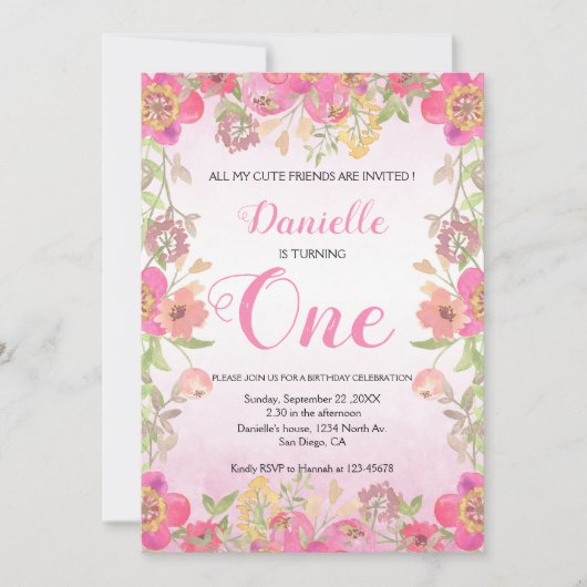 Pink Floral First Birthday Uitnodiging (Voorkant)