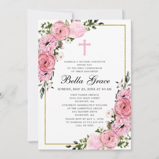 Pink Floral First Community Invitation Kaart (Voorkant)