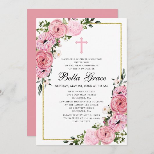 Pink Floral First Community Invitation Kaart (Voorkant / Achterkant)